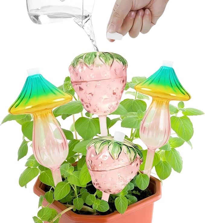 Plant Watering Globes,Glass Watering Bulbs Self Watering Planter Insert Devices 4PCS Plant Waterers for Indoor Plants for Travel Vacation(Mushroom Strawberry Shape)