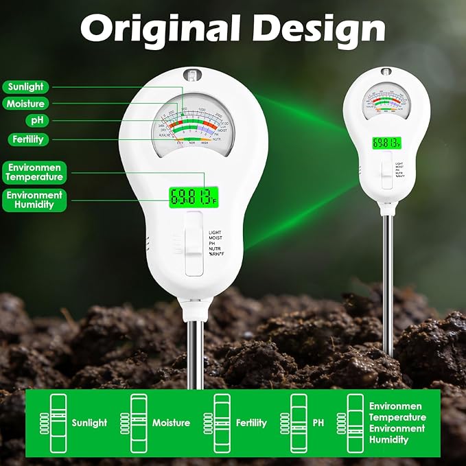 6-in-1 Soil Test Kit with 3 Replaceable Probes, Soil Tester for Gardening, Plant Water Meter, Soil pH Tester for Soil Fertilizer, Sunlight & LCD Display Air Temperature Humidity Sensor