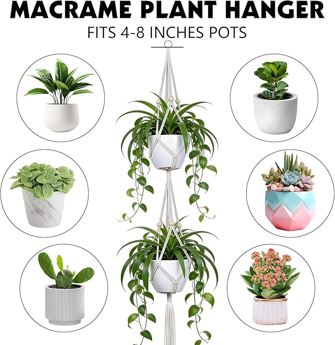 Dntorx Macrame Plant Hanger, 2 Pack 50 Inch Hanging Plant Holder Indoor Outdoor Hanging Planter Basket with Hooks for Living Rooms, Balcony, Hallway, Kitchen, or Office