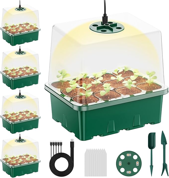 Seed Starter Tray with Grow Light, 5 Pack 60 Cells Seed Starter kit with Humidity Dome and Base, Plant Seedling Trays Indoor Greenhouse Gardening (Green 5 Pack)