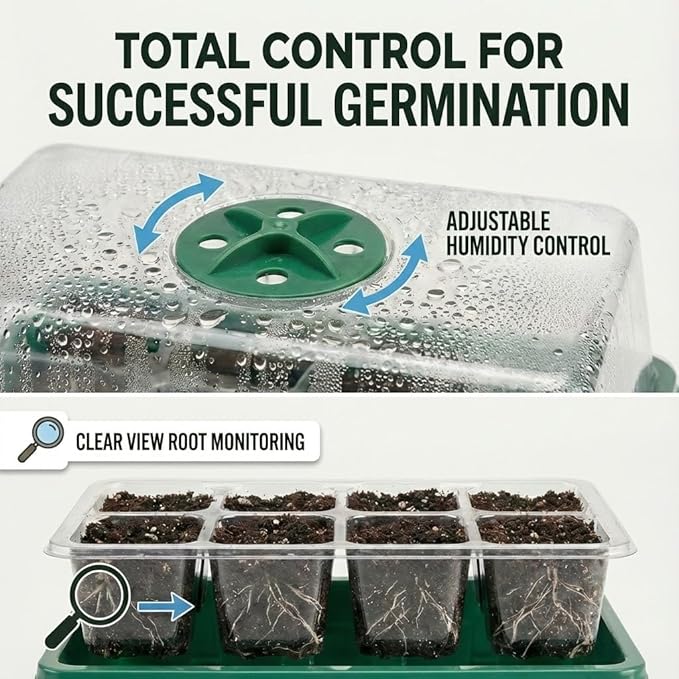 Seed Starter Kit with Grow Light, Elevated Seedling Tray Kit with Adjustable Humidity Dome and Clear Cell Tray, 12 Full Spectrum Led Beads for Seed Starting Greenhouse, 6 Pack, Green