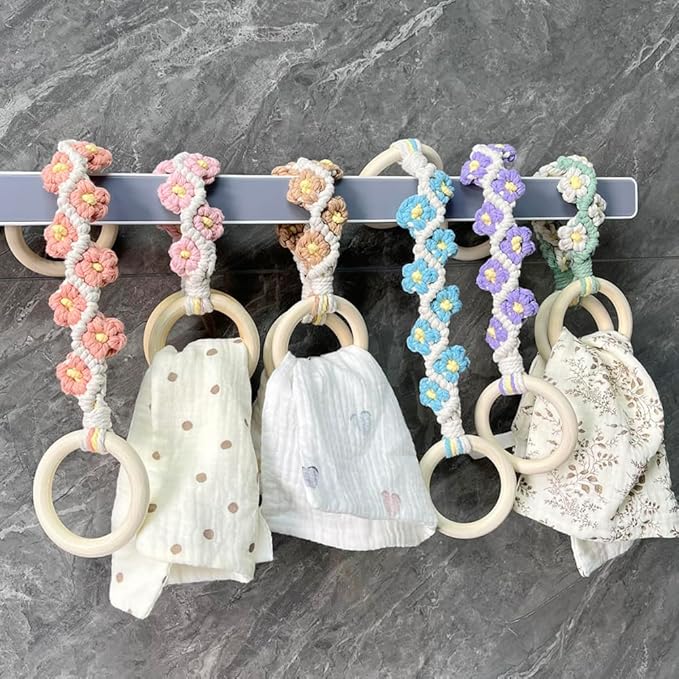 4 Pcs Daisy Flower Macrame Towel Holder Ring, Crochet Hanging Kitchen Dish Towel Holder, Handmade Kitchen Towel Hanger with Wood Hanging Loop for House Oven Stove Door