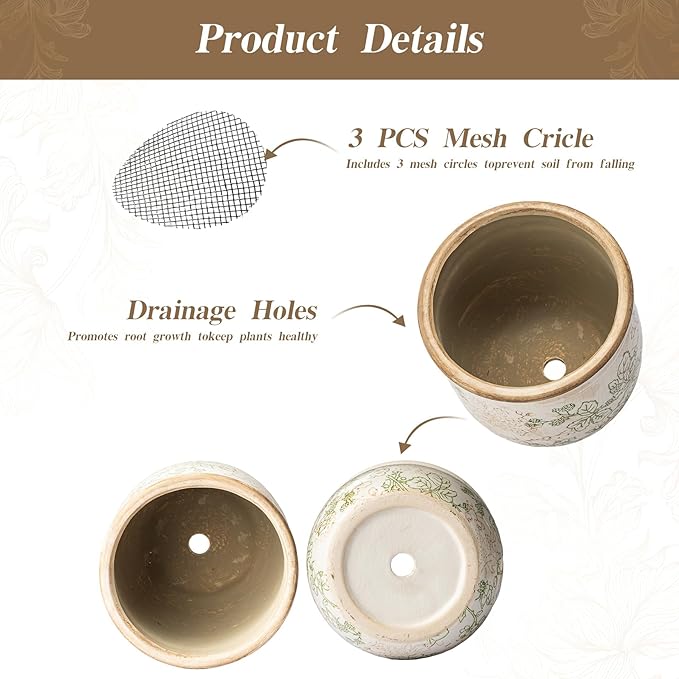 SURE YUESI Set of 2 Ceramic Planters 4.7” & 5.7”, Vintage Indoor Plant Pots Without Drainage Hole, Pastoral Rustic Decorative Planters for Flowers & Home Decor
