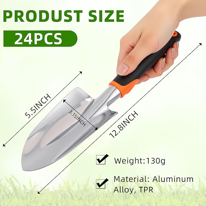 Yaocom 24 Pcs Garden Shovel Aluminum Alloy Heavy Duty Trowel Small Digging Shovels Metal Hand Trowel Spade with Soft Handle for Garden Lawn Yard Planting Tool (Wide Shovel,Yellow,Green,Orange,Red)