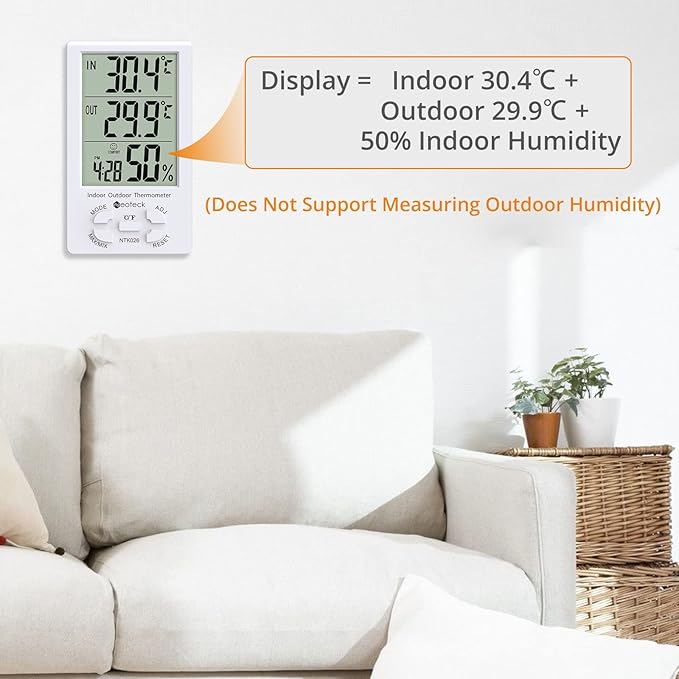 Neoteck 3 in 1 Thermometer Hygrometer with Clock Large LCD Display, Digital Humidity Temperature Meter 1.5m Sensor Wire for Indoor Outdoor Use