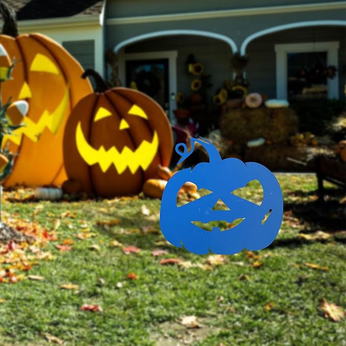 Halloween Garden Stake Rusty Funny Pumpkin Pattern Halloween Party Yard Metal Decor Gifts for Day of The Dead, Royal Blue