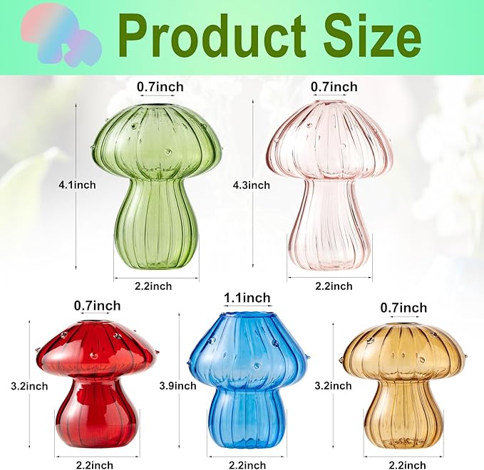 Mushroom Vases, Set of 5 Colored Plant Propagation Station, Mushroom Propagation Vase, Mini Terrarium for Plants, Cute Glass Hydroponic Vase for Flowers, Gifts for Women, Plant Lover (5)