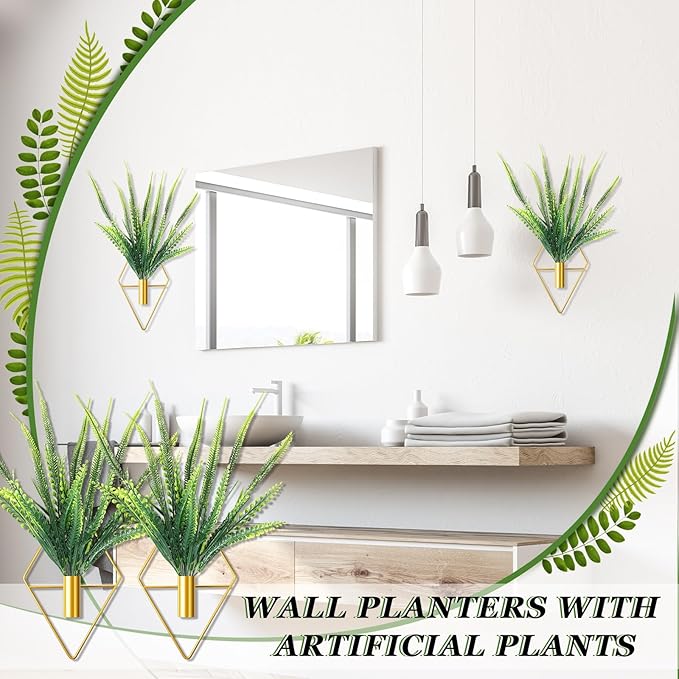 Canlierr 2 Pieces Gold Wall Decor Hanging Planters with Artificial Plants Metal Vase Indoor Plants Holder Modern Geometric Wall Art for Home Bathroom Bedroom Living Room Office(Boston Fern,Large)