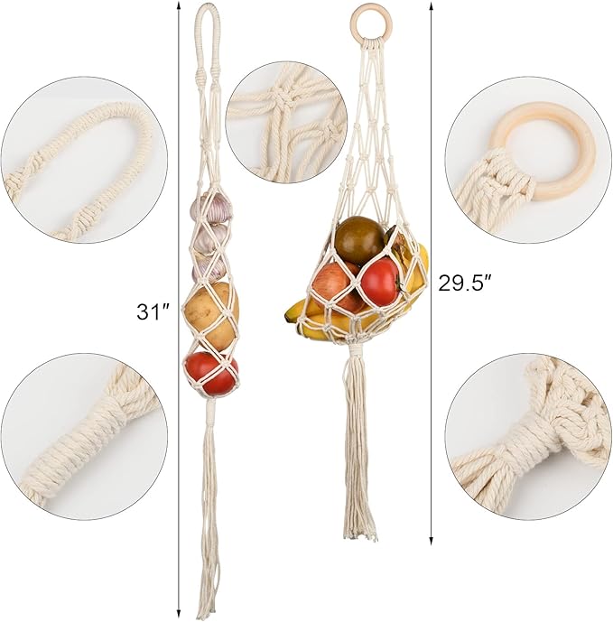 Beautyflier 2 Pieces Macrame Hanging Fruit Basket Wall Hanging Potato Onion and Fruit Boho Fruit Holder Net for Kitchen Decor (White)