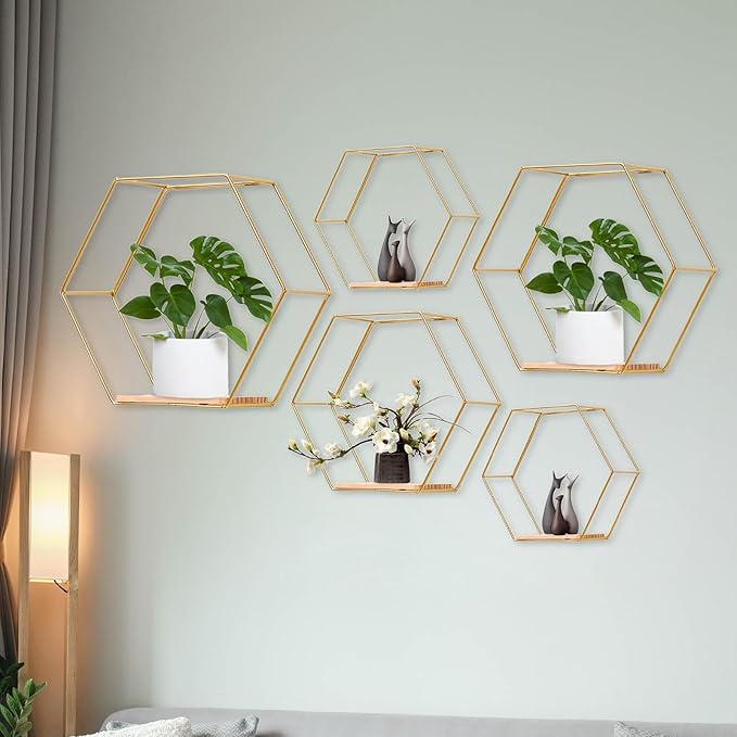 5 Pieces Hexagon Iron Wall Shelves Storage Rack Living Room Geometric Kitchen Bedroom Organizer for Mini Planter Displaying, Golden