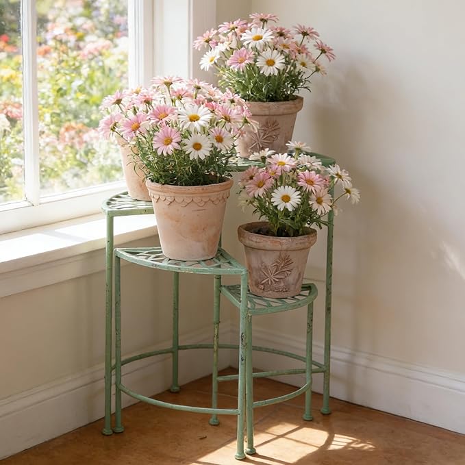 Vintage 4-Tier Metal Plant Stand for Indoor Outdoor Rustic Foldable Fan Shape Corner Plant Rack Distressed Green Flower Pot Holder Shelves for Patio Porch Garden Balcony Living Room (Green)