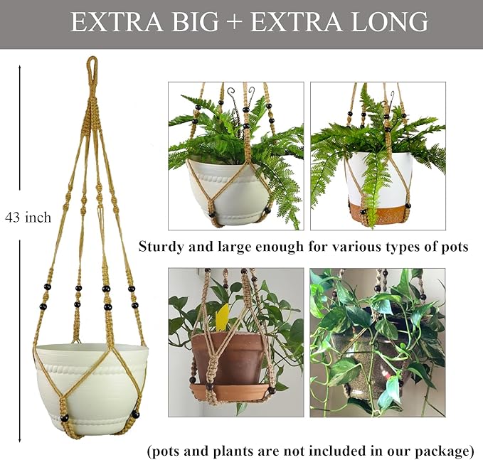 Bouqlife 43 Inches Macrame Plant Hanger Large for 14 inch Pot Extra Long No Tassel Rope Hanging Plant Holder with Ceiling Hook Bohemian Home Décor Brown 2Pack