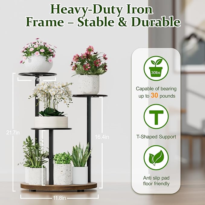 3 Tier Plant Stand Indoor Outdoor,Tiered Plant Stands,Wood Plant Shelf for Multiple Plants, Wrought Iron Flower Stand, Tall Plant Rack Shelf for House Patio Garden - BlackKite
