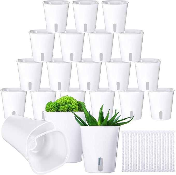 20 Sets 3" Self Watering Pots, White Self Watering Planters for Indoor Plants, Small Plastic Self Watering Garden Pots with Level Indicator and Vents for House Plants, Flowers