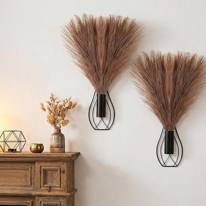 Otoolling 2 Pieces Hanging Plant Wall Decor with Artificial Pampas Grass Metal Hanging Vase Modern Geometric Farmhouse Bohemian Wall Art for Living Room Bedroom Kitchen Office(Black, Brown)