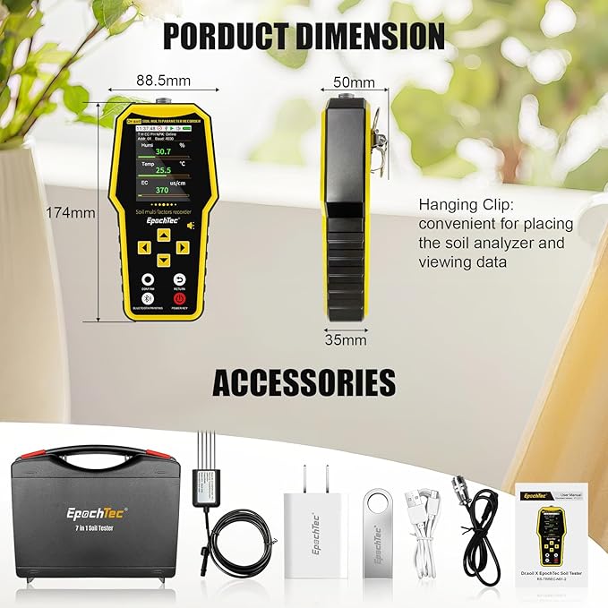 7 in 1 Soil Tester, ±1% High Precision Digital NPK Tester with Soil PH Meter/Moisture/Temperature/EC Monitor, Soil Test Kit for Geological Survey, Agriculture, Plant with Data Storage &Export