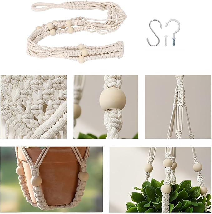 Macrame Plant Hanger 23", Set of 2 No Tassel Hanging Plant Holder Indoor, Sturdy Flower Pot Holder with 4 Hooks - Ivory (Pot NOT Included)