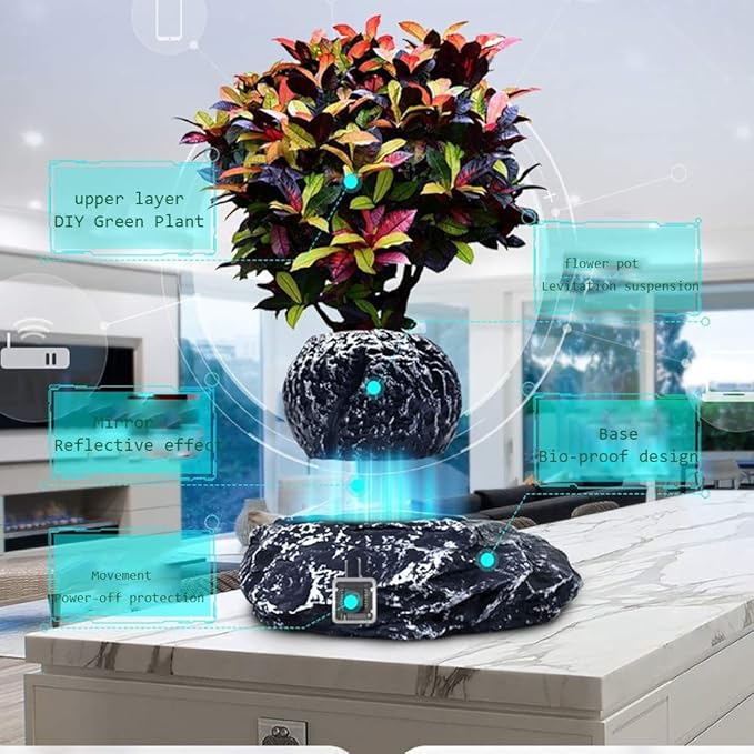 Floating Flower Pot - Magnetic Suspension Levitating Air Flower Pots - Creative Design Levitation Bonsai - Home Office Decorations - Fun Gift,Black