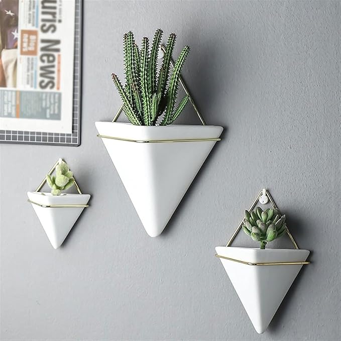 Black,M,Wall Planters for Indoor Plants, Geometric Hanging Flower Vase Vessel with Metal Hanger, Creative Wall-Mounted Ceramic Planter