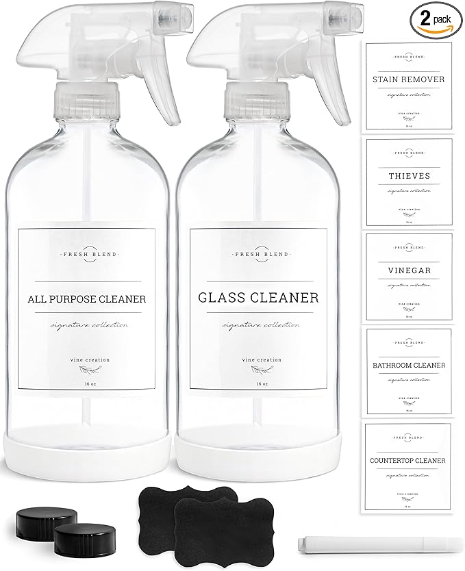 Vine Creations Glass Spray Bottles, 2 Pack Refillable Spray Bottles for Cleaning Solutions, Clear Spray Bottle for plants, Water Spray Bottle Sprayer, Glass Spray bottles 16 oz with Waterproof Labels