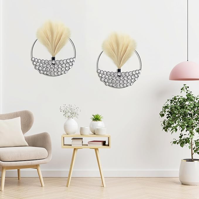 2 Pcs Boho Wall Decor Hanging Planters with Artificial Pampas Bling Jeweled Wall Mounted Metal Decor Modern Home Decor Display Wall Art for Bedroom Bathroom Living Room