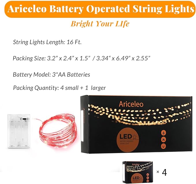 Ariceleo Led Fairy Lights Battery Operated, 4 Packs Mini Battery Powered Copper Wire Starry Fairy Lights for Bedroom, Christmas, Parties, Wedding, Centerpiece, Decoration (5m/16ft Red)