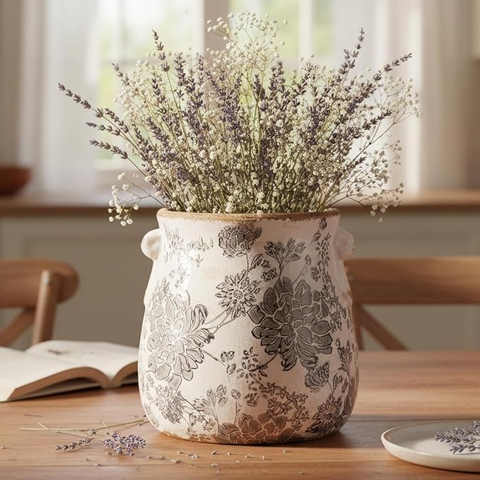 Xiaan Jiaju 6.68in. Tuscan Planter & Room and Home Decor, Decorative Vase, Indoor/Outdoor Ceramic Plant Pot w/Drainage, French Country Decor Boho Decor, Gifts for Women Birthday Unique, Vintage Grey