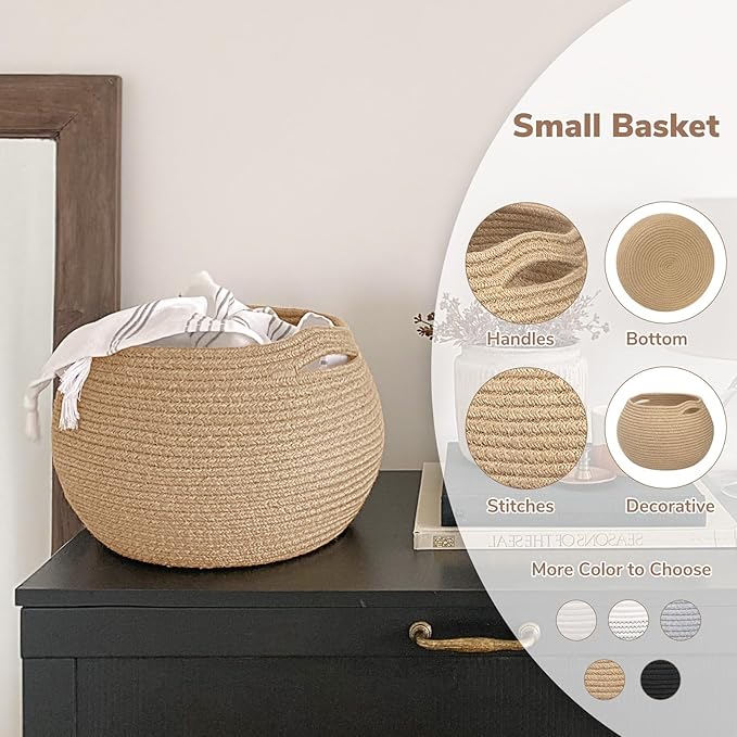 Goodpick Wicker Storage Basket for Living Room, Small Round Woven Basket for Toys, Towel, Bedroom, Children Corner Decoration Plant Baskets Indoor, Jute, 10"D x 8.3"H