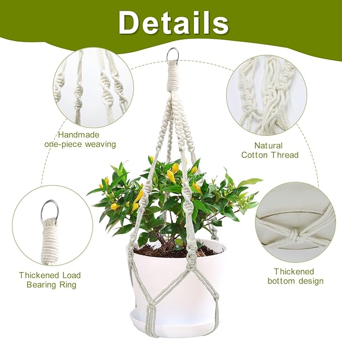 2 Pack Macrame Plant Hangers, 20‘’ Plant Hangers Indoor, Handmade Woven Cotton Style Hanging Plant Holder, Short No Tassels for Indoor Outdoor and Home Decor Hanging Planter