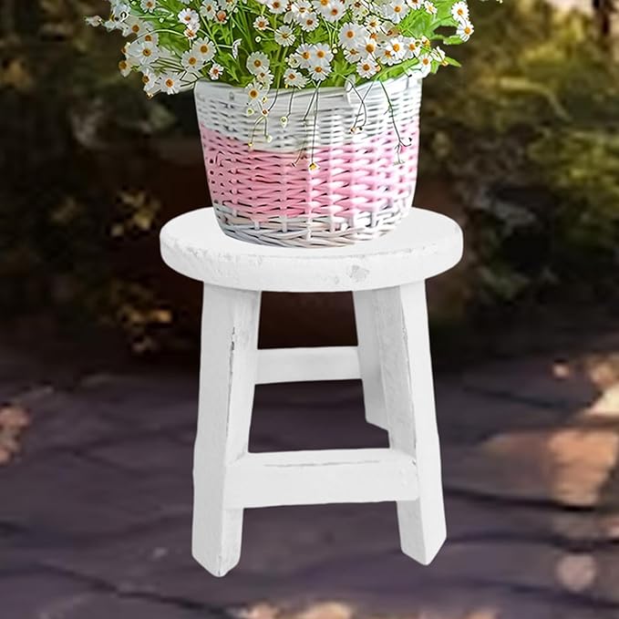 MYCENSE Wooden Stool Plant Stand for Indoor & Outdoor, Sturdy Flower Pot Stands Plants Shelf Potted Rack, Round Footstool, Decoration Racks for Home Office Garden Patio, A White 16.5x18cm