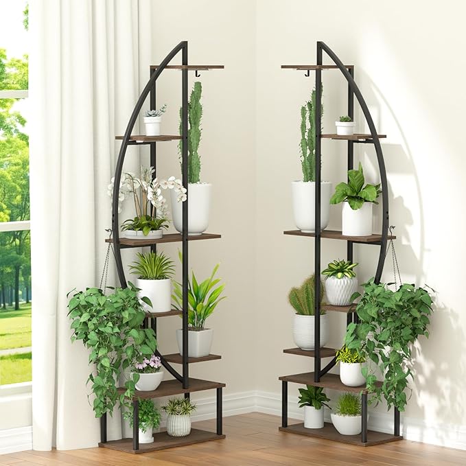 Plant Stand Shelf Indoor with 6 Grow Light, 7 Tiered 65" Tall Black Large Half Moon Lighted Plant Rack Holder, 2 Pack Big High Circular Arch Multi Herb Stand with Built in LED Grow Light Set