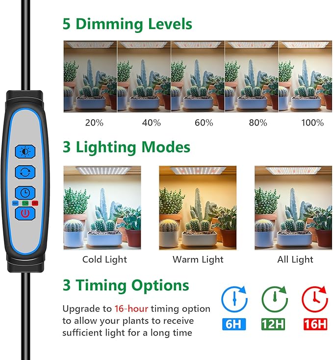 Aumtrly Grow Lights for Indoor Plants, Full Spectrum Under Shelf Plant Lights for Growing Seedling, Light and Thin 138 LED Grow Lamp Panel with 6/12/16H Timer, 3 Light Modes, 5 Dimmable