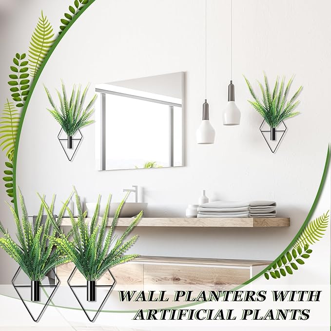 Canlierr 2 Pieces Black Wall Decor Hanging Planters with Artificial Plants Metal Hanging Vase Indoor Plants Holder Modern Geometric Wall Art for Bathroom Bedroom Living Room Decor(Boston Fern)