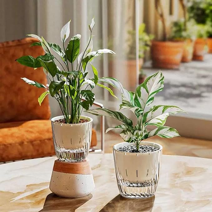 4 Pack 4 Inch Self Watering Pots for Indoor Plants, Self Watering Planter with Reservoir and Wick Rope, Clear Flower Plant Pots for African Violets,Succulents,Herbs,Cactus,Orchids