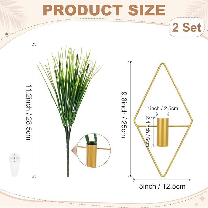 M METERXITY 2 Set Plant Wall Decor, Hanging Planters with Artificial Aquatic Plant Metal Hanging Vase Diamond Shape Wall Planter Holder Boho Room Decor for Garden/Backyard/Room [Golden]