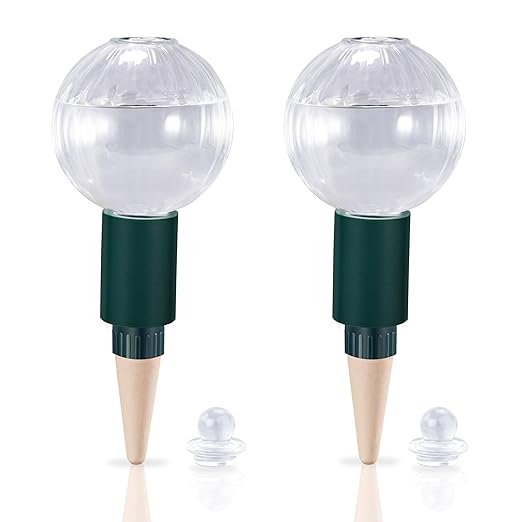 Soilagua 12 oz Plant Watering Globes Top Fill, Clear Glass Water Bulbs with Terracotta Spikes Stake, Vacation Slow Release Self Watering Planter Insert, Automatic Drip Device, 2 Pack