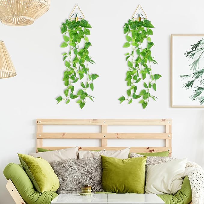 Jexine 2 Pcs Boho Wall Decor Gold Hanging Planters with Artificial Plants Wall Art Mounted Metal Home Decor Display Bedroom Bathroom Living Room(Pothos)