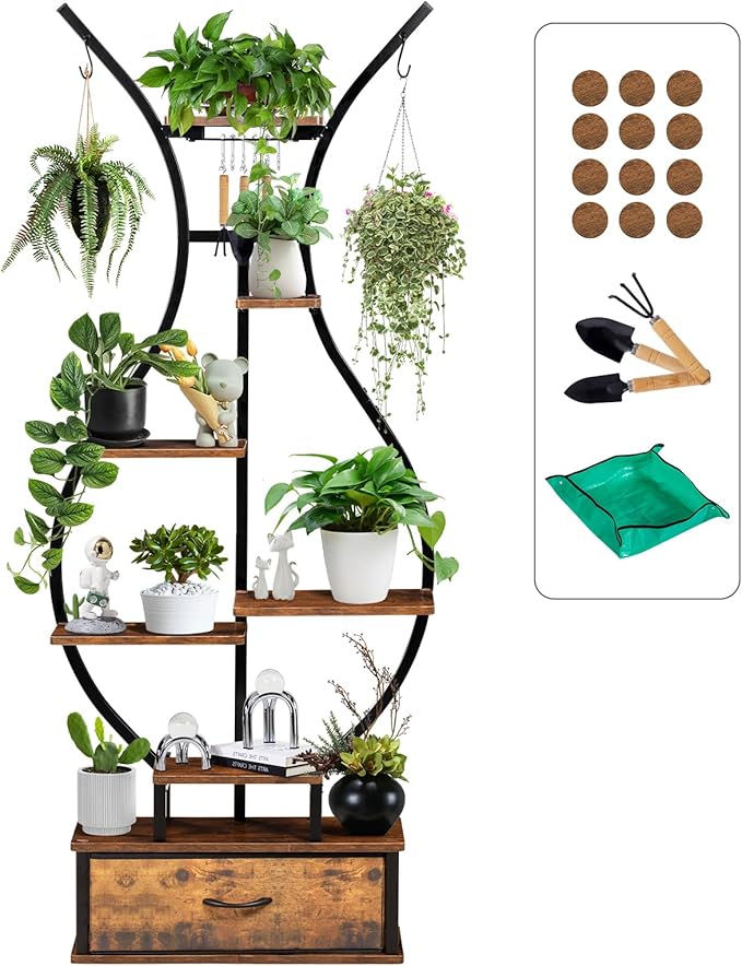 7-Tier Indoor Plant Stand with Hanging Hooks & Drawer, 68.1" Tall Vase-Shaped Corner Plant Stand includes Tool Hangers, Aesthetic Tall Plants Shelf for Multiple Plants Flower Pot, Outdoor Plant Holder in Patio Balcony