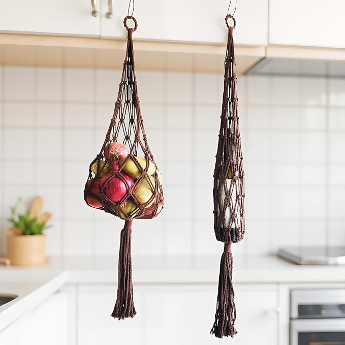 2-Pack Boho Macrame Hanging storage Bag, handmade vegetable basket hanging in the kitchen, handmade Net Storage Holder in Kitchen for Fruit/Vegetable/Patato/Tamato/Wine hanger Length:38" (Brown)