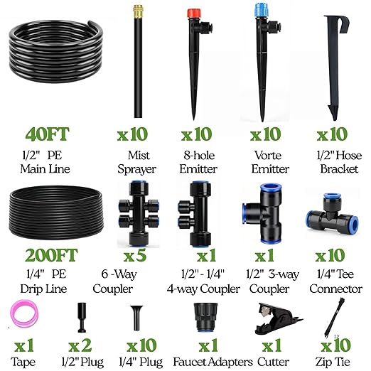 240FT Drip Irrigation System for Garden: 1/2" Quick Connect PE Tubing Automatic Water Sprinkler Kit Adjustable Misting Part 1/4" Watering Hose for Outdoor Raised Bed Plants Flower Yard Greenhouse