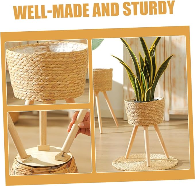 Rattan Planter with Legs Wicker Basket Plant Stand Indoor Outdoor Flower Pot Holder for Balcony Home Decor 9.05X7.08X7.08 Inches