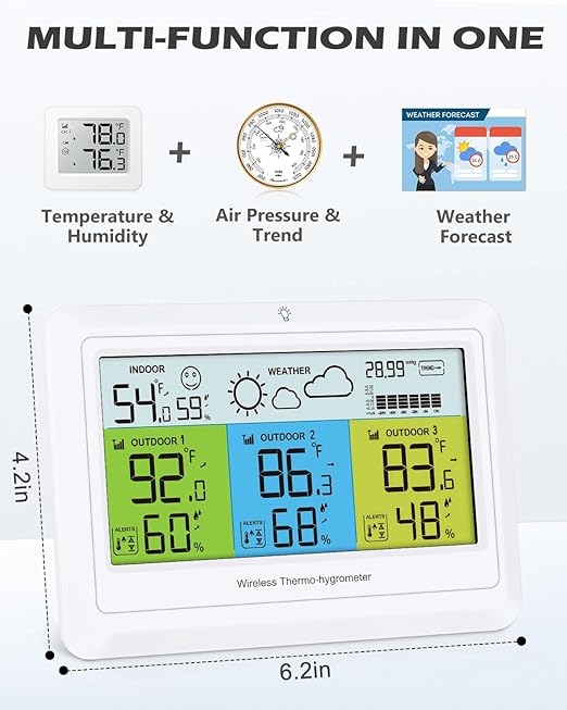 Weather Station Wireless Indoor Outdoor with 3 Sensors, Home Weather Stations Digital Thermometer Humidity with Alert, Barometer Pressure, Backlight, Forecast Station, for Home Office