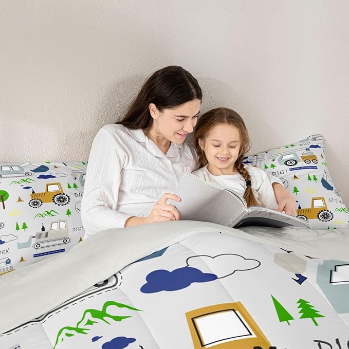 Feelyou Construction Comforter Set Full Size Equipment Trucks Bedding Set for Kids Boys Construction Vehicles Duvet Quilt Excavator Tractor Bedroom Decor Cartoon Car Grey3 Pcs with 2 Pillow Cases
