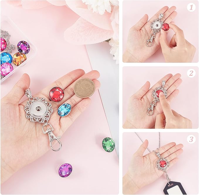 SUNNYCLUE 1 Box 12 Styles Snap Button Lanyard ID Badge Lanyards Cute Colorful Imitation Birthstone Charms Badges Holder Stainless Steel Necklace Chain Breakaway ID Badge Lanyard for Holders Keys Gift