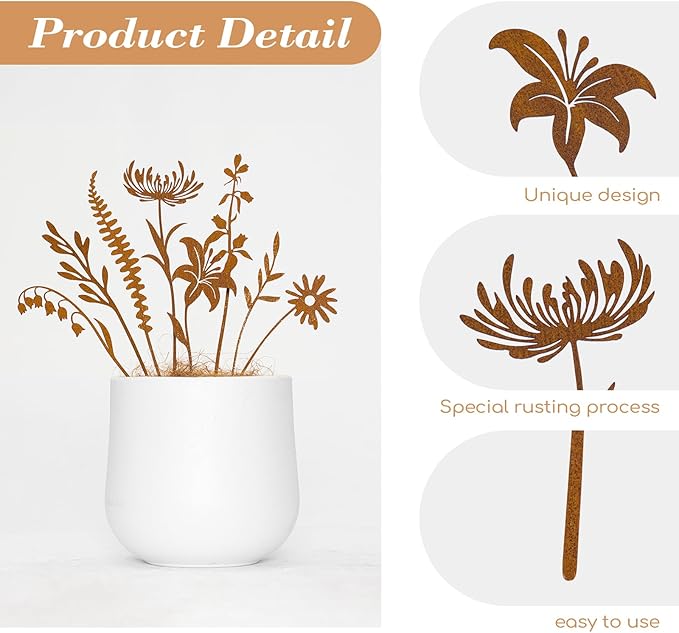8-Piece Wildflower Garden Stakes – Rustic Hand-Rusted Metal Flower Stakes for Flower Beds, Lawn, Pots, Patio, Outdoor Décor, Yard Art & Plant Decorations