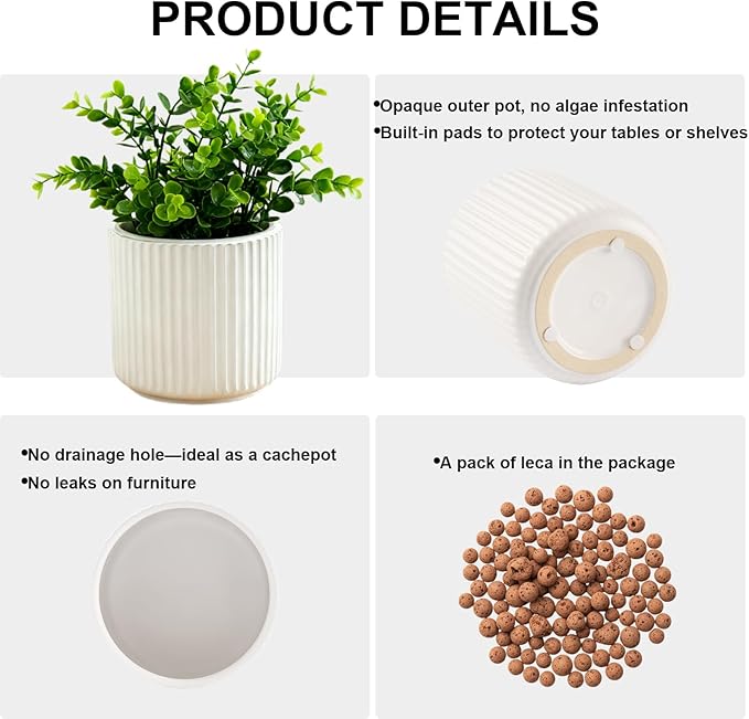 2 Pack of 6in Ceramic Cachepot with Clear Orchid Pot - self Watering Indoor Planter with Drainage for Root Visibility,semi Hydro pots for repotting Orchid,White