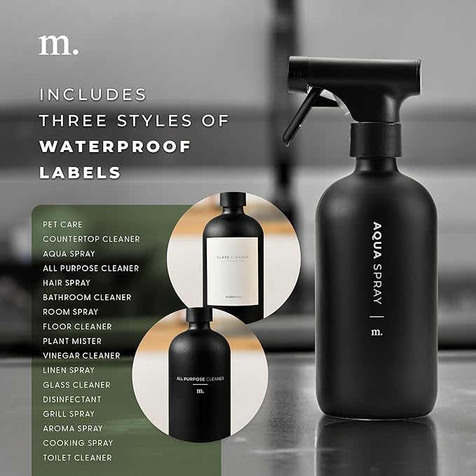 MAISONOVO Spray Bottle for Hair - 16.9 fl oz Black x 2 with 16 Labels