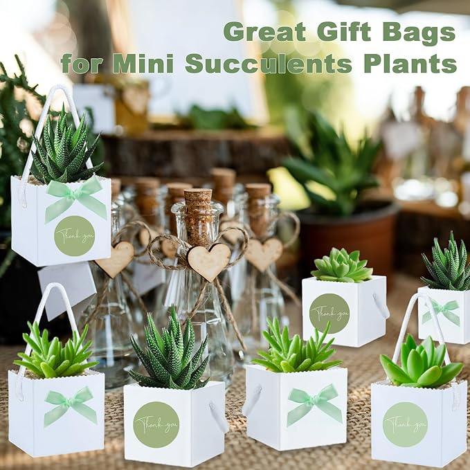 HejVulkan 40 Pack Succulent Wrap Bags Set with 2.5 inch Succulent Gift Bags, Mini Bows and Thank You Stickers, Great Party Favor Gifts for Wedding, Baby Showers, Bridal Showers(White)