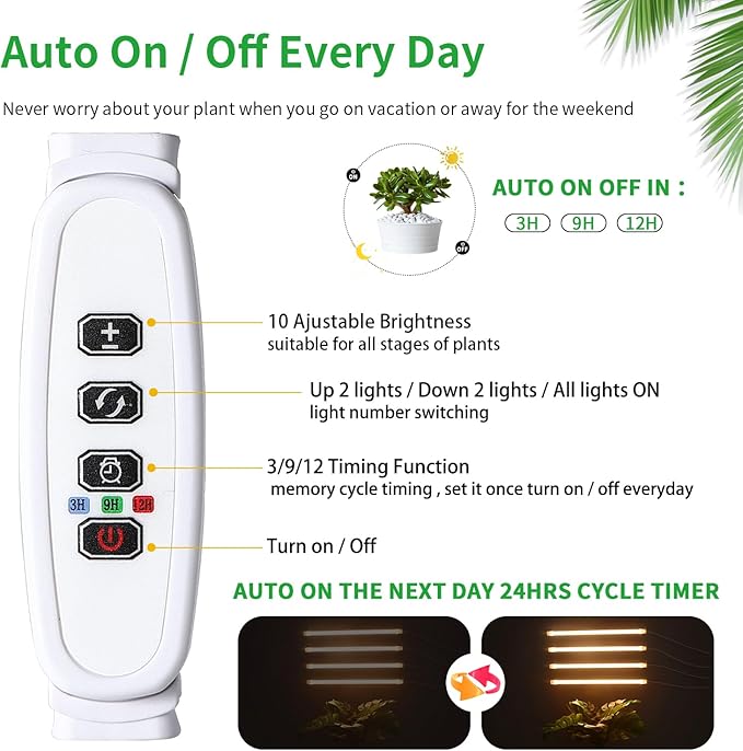 RWNTAO LED Plant Growing Lamp, 3500K Full Spectrum Grow Light Strips for Indoor Plants with 3/9/12H Timer & 10 Dimmable Levels, Led Growth Light for Green House Hydroponics Succulent 13In 4Head