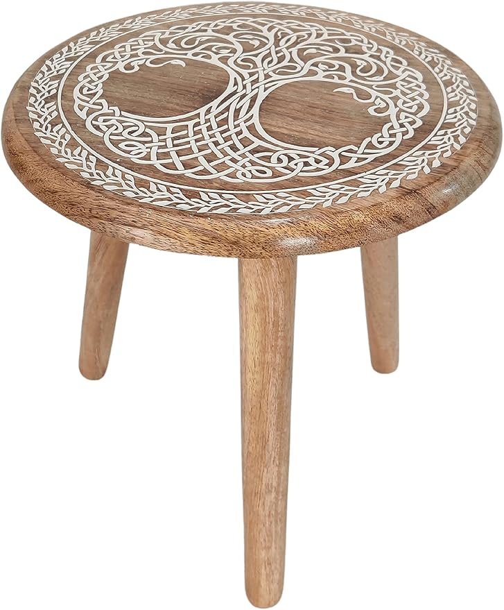 VANIYA CRAFTS® Wooden Engraved Fold-able Side Table/End Table/Plant Stand/Stool for Living Room Bedroom Restaurant Kids Play Furniture Table Round Shape (Natural White 4)